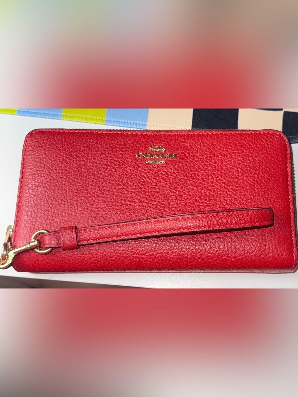 Coach Pebble Leather Long Zip Around Wallet in Bold Red